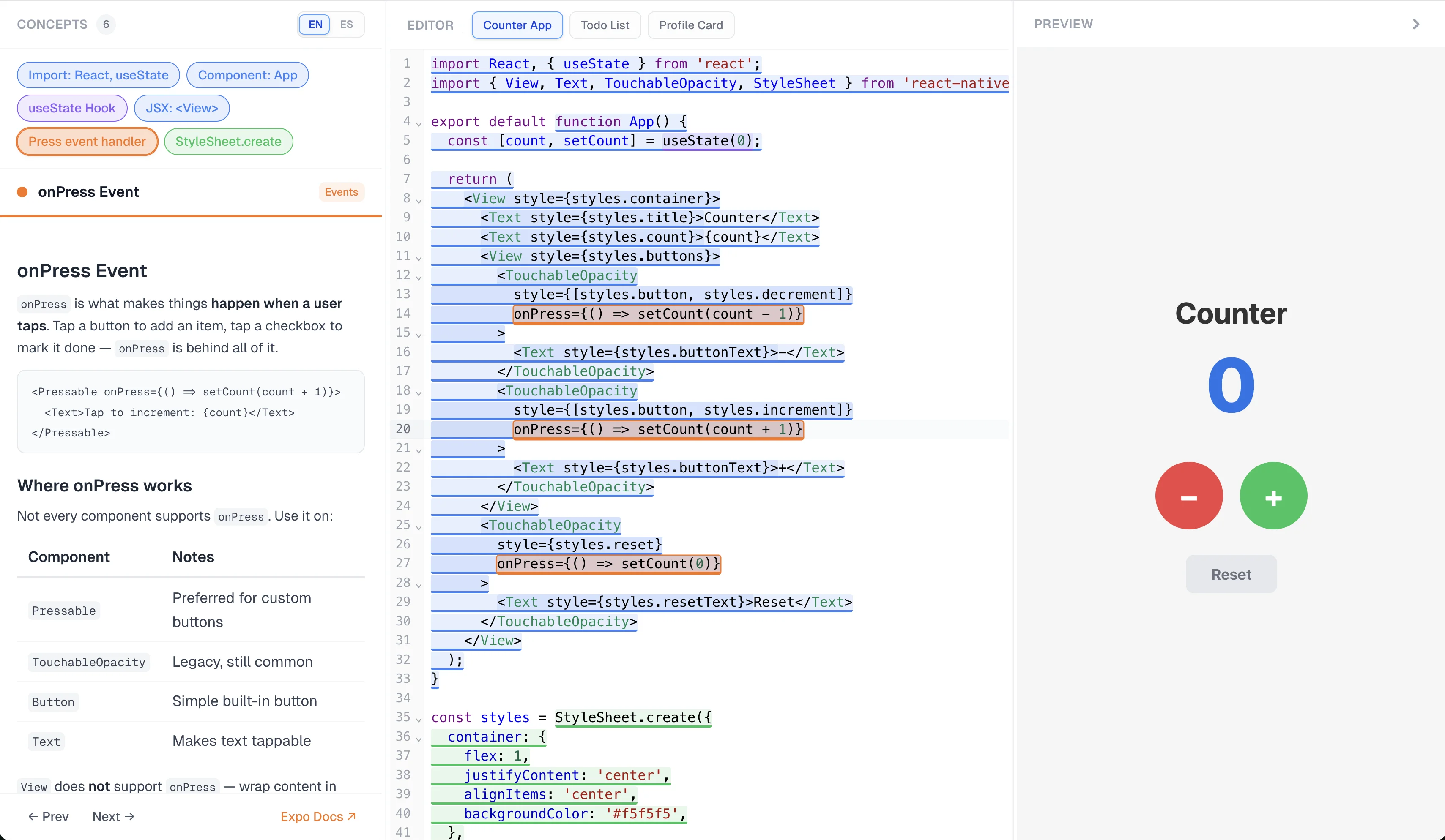 Expo Playground — annotated code explorer showing React Native code with inline explanations